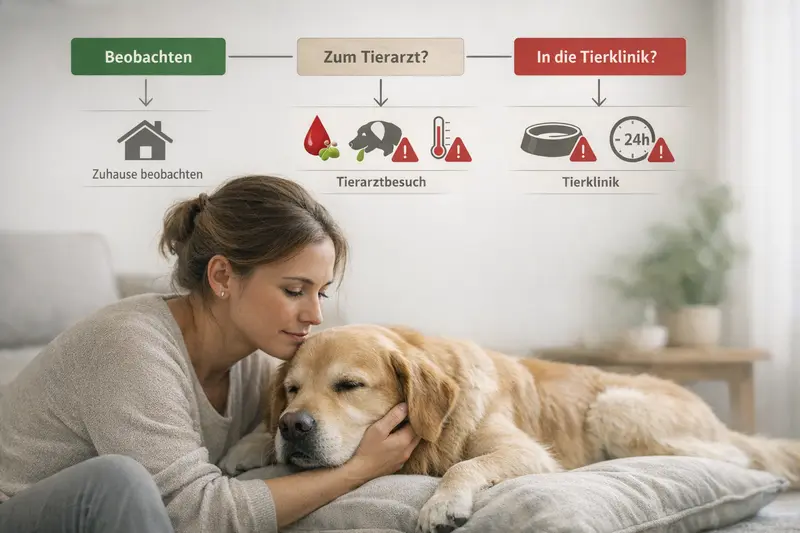 Entscheidungsbaum für Hundehalter zur Wahl zwischen Beobachten, Tierarzt und Tierklinik bei Warnzeichen wie Blut, Erbrechen oder Fieber.