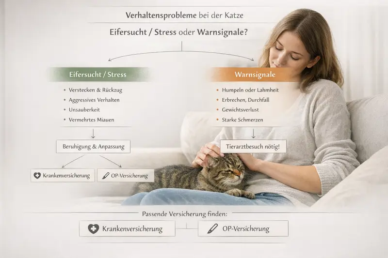 Illustration eines Entscheidungsbaums, der Eifersucht und Stress bei Katzen darstellt sowie Hinweise zu Tierarztbesuchen und passenden Versicherungen zeigt.