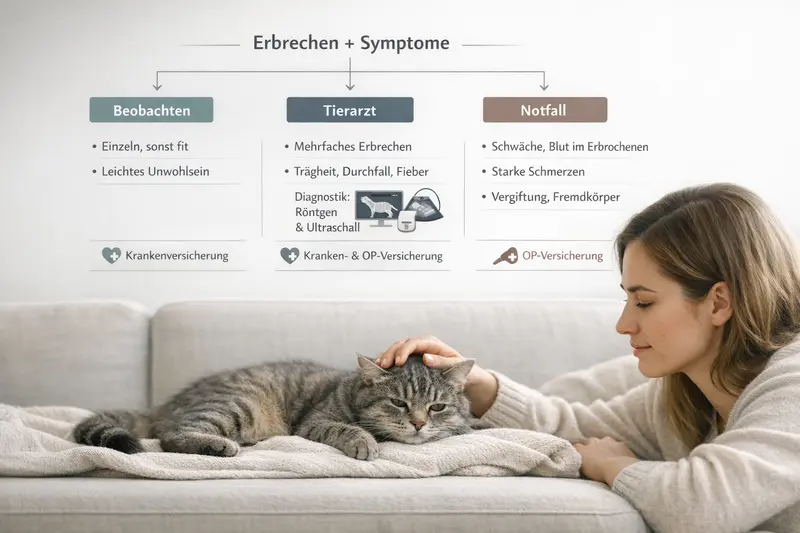 Infografik zum Entscheidungsbaum für Katzenhalter: Erbrochenes und Symptome - Beobachten oder Tierarztbesuch.
