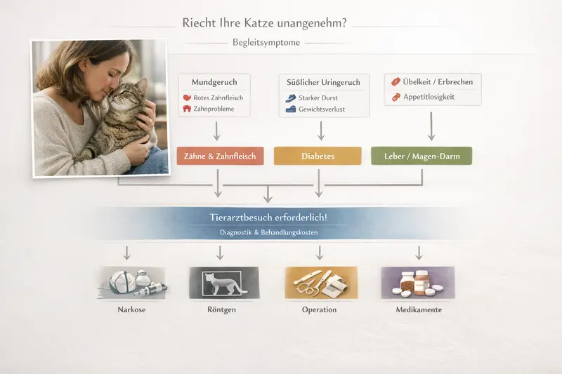 Infografik Entscheidungsbaum zur Ursache von Gerüchen bei Katzen und möglichen gesundheitlichen Problemen