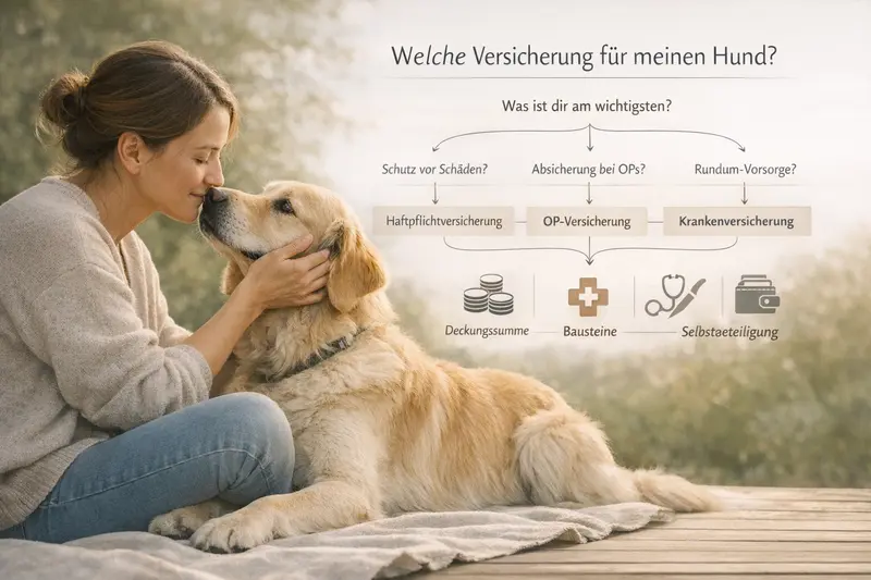 Illustration eines Entscheidungsbaums für Hundehalter zur Auswahl zwischen Haftpflicht-, OP- und Krankenversicherung