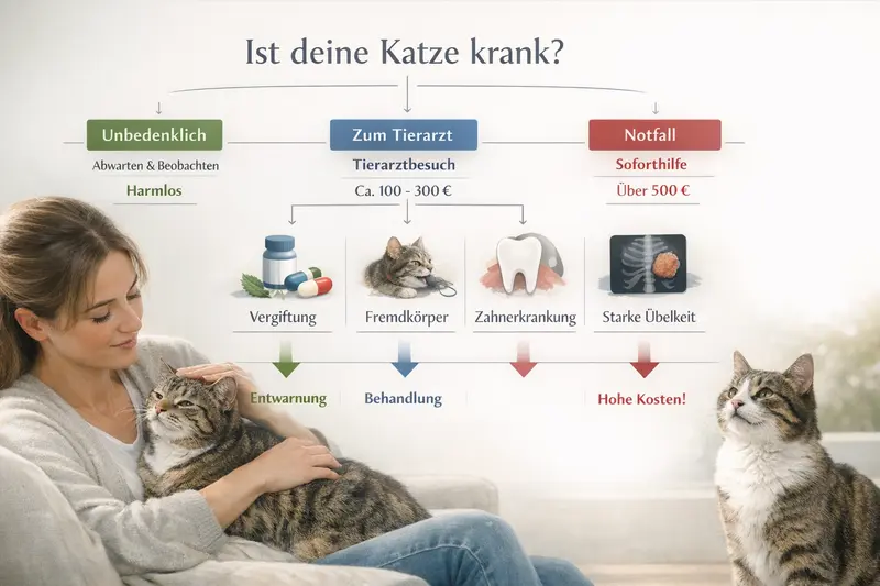Infografik über den Entscheidungsbaum für Tierarztbesuche bei Katzen mit unterschiedlichen Gesundheitszuständen