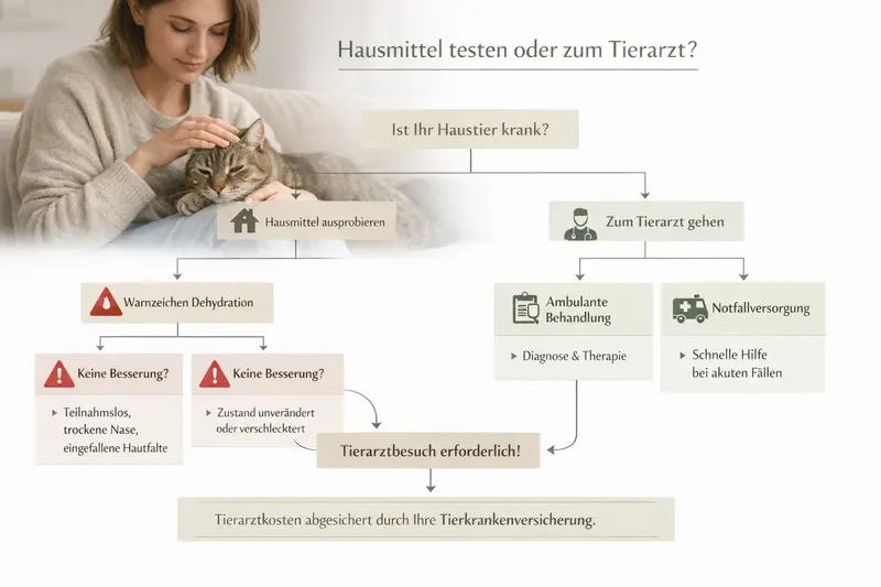 Infografik zeigt Entscheidungsbaum für Hausmittel testen oder Tierarzt aufsuchen bei gesundheitlichen Problemen von Tieren