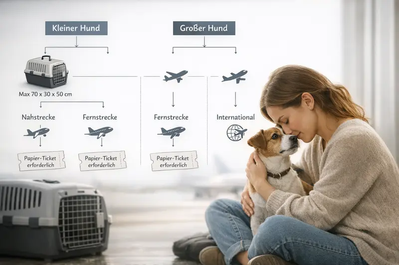 Infografik eines Entscheidungsbaums für Hundebesitzer, der zwischen kleinen und großen Hunden unterscheidet und Reiseoptionen mit Ticketpflicht visualisiert.