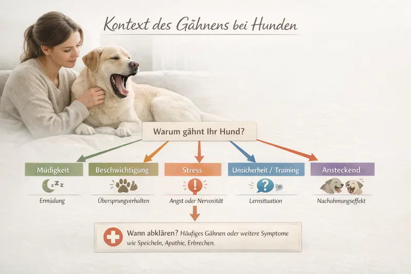 Ein Entscheidungsbaum zeigt verschiedene Ursachen für das Gähnen bei Hunden, wie Müdigkeit und Stress.