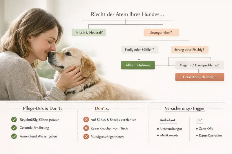 Infografik über Gerüche bei Hunden mit Entscheidungsbaum und Pflege-Checkliste.
