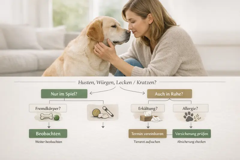 Infografik zeigt Entscheidungsbaum zur Gesundheitsüberprüfung von Hunden während des Spiels oder in Ruhe.