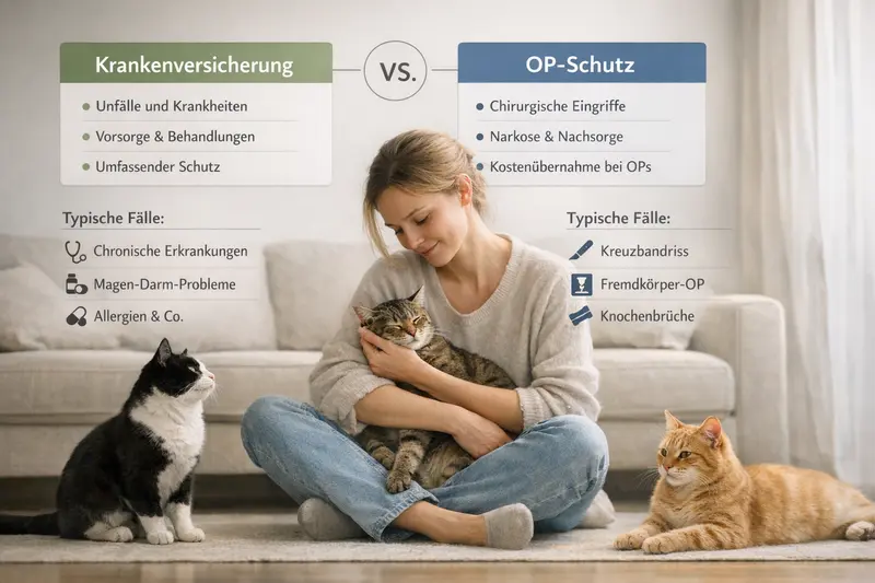 Infografik, die einen Entscheidungsbaum zur Krankenversicherung und OP-Schutz für Katzen zeigt.