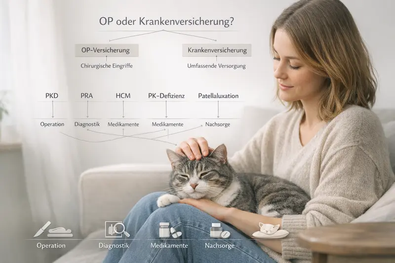 Entscheidungsbaum für Katzenhalter zu OP- und Krankenversicherungen, einschließlich rassetypischer Risiken wie PKD und HCM.