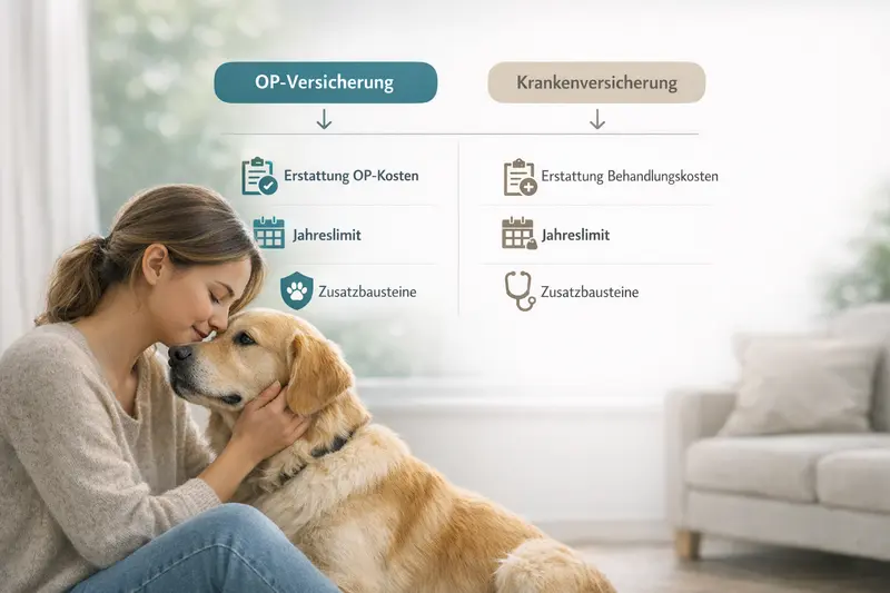 Entscheidungsbaum zur Wahl zwischen OP-Versicherung und Krankenversicherung für Hunde mit verschiedenen Parametern wie Erstattung und Zusatzbausteinen.