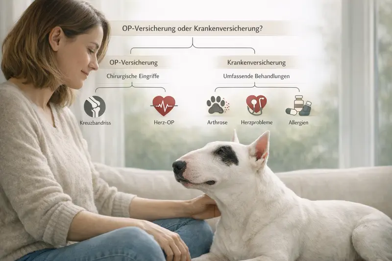 Infografik zum Entscheidungsbaum zwischen OP-Versicherung und Krankenversicherung für Bullterrier mit Fokus auf Gelenke, Herz und Allergien.