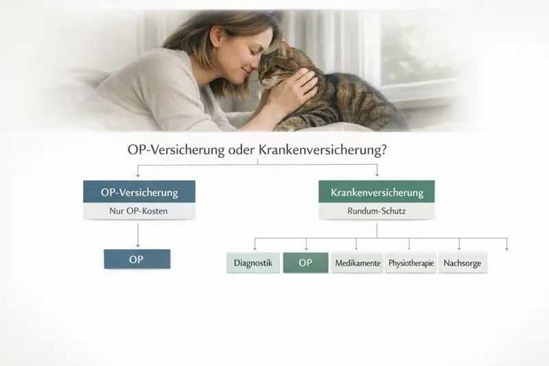 Illustration eines Entscheidungsbaums mit Informationen zur OP- und Krankenversicherung für Katzen.