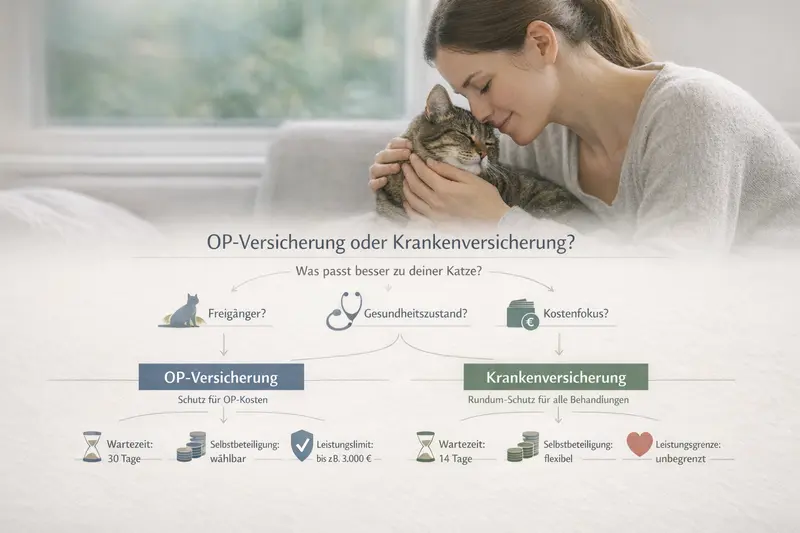 Infografik zeigt Entscheidungsbaum zur OP-Versicherung und Krankenversicherung für Katzen mit verschiedenen Faktoren.