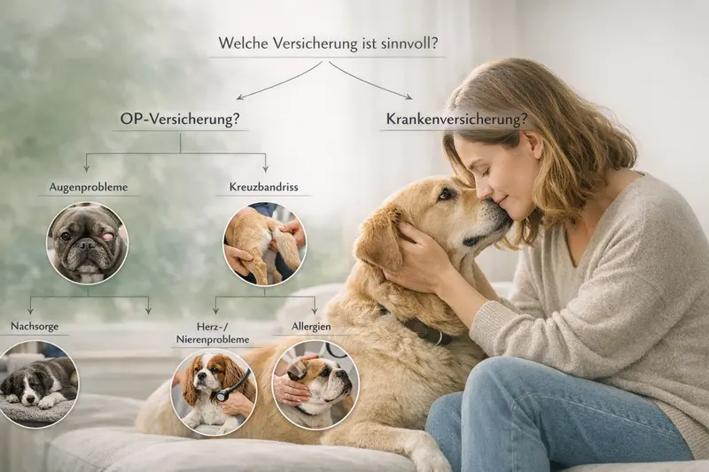 Infografik zeigt Entscheidungsbaum zur Auswahl zwischen OP-Versicherung und Krankenversicherung für Hunde mit Beispielen für Augen-, Knie- und Herzprobleme.