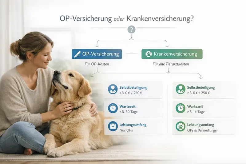 Infografik, die den Entscheidungsbaum zwischen OP-Versicherung und Krankenversicherung für Hunde darstellt.