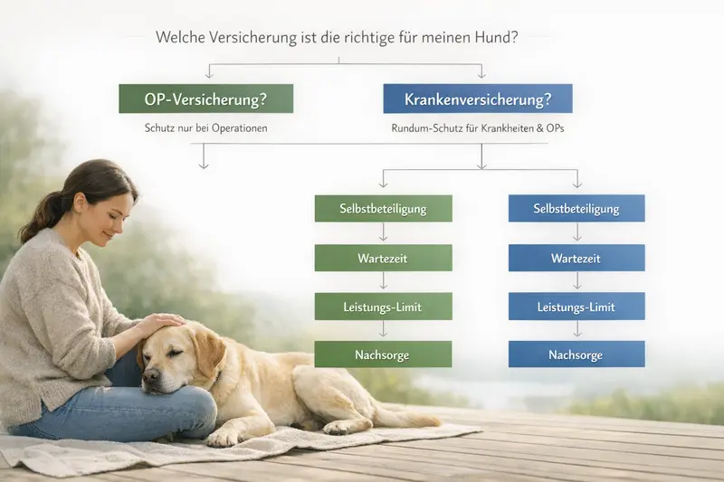 Infografik, die die Unterschiede zwischen OP-Versicherung und Krankenversicherung für Hunde zeigt.
