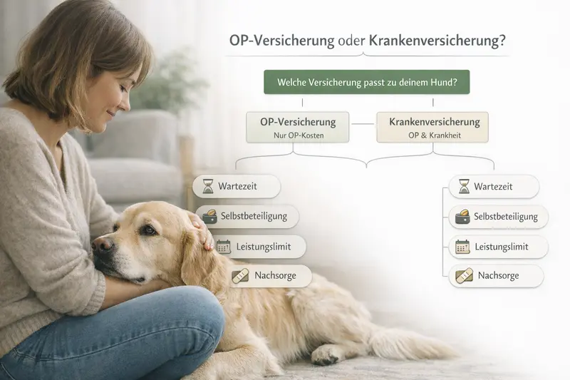 Entscheidungsbaum zur Wahl zwischen OP-Versicherung und Krankenversicherung für Hunde, illustriert mit Tarifkriterien.