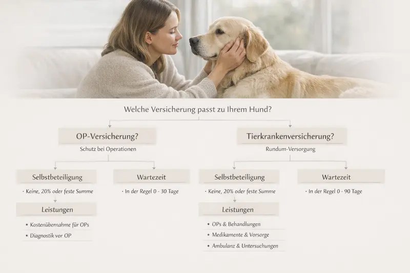 Entscheidungsbaum zur Auswahl zwischen OP-Versicherung und Tierkrankenversicherung für Hunde, inklusive Tarifmerkmalen wie Selbstbeteiligung und Wartezeiten.