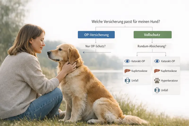 Illustration eines Entscheidungsbaums zur Wahl zwischen OP-Versicherung und Vollschutz für Hunde