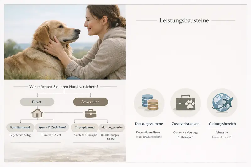 Entscheidungsbaum zur Auswahl zwischen privater und gewerblicher Hundeversicherung mit Leistungsbausteinen wie Deckungssumme und Zusatzleistungen.