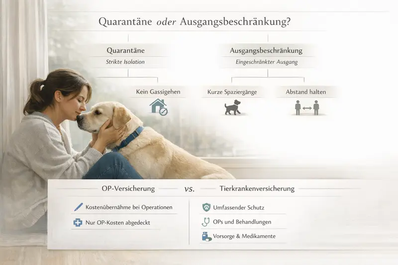 Infografik zu Quarantäne und Ausgangsbeschränkung für Hunde mit einem Vergleich zwischen OP-Versicherung und Tierkrankenversicherung.
