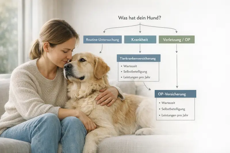 Entscheidungsbaum zur Tierkrankenversicherung für Hunde zeigt Unterschiede zwischen Routineuntersuchungen, Krankheiten und chirurgischen Eingriffen.