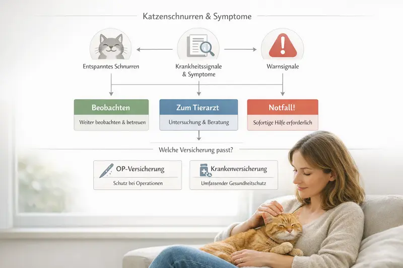 Illustration eines Entscheidungsbaums für Katzenhalter zur Beobachtung von Schnurren und Warnsignalen.