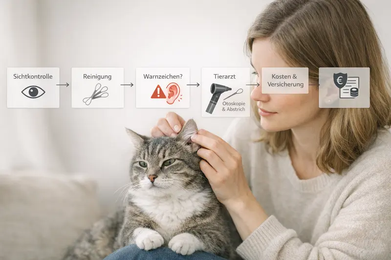 Entscheidungsbaum zur Sichtkontrolle und möglichen Behandlung einer Katze mit Ohrproblemen.