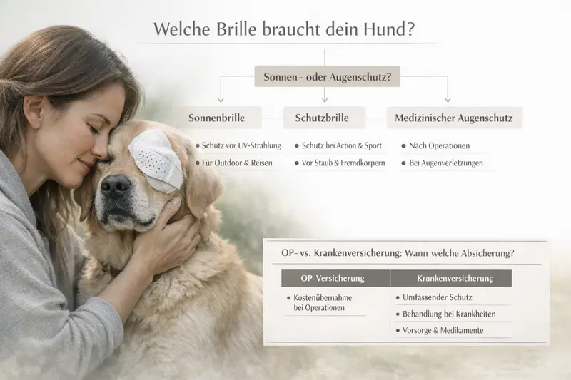 Entscheidungsbaum zu Sonnenbrille, Schutzbrille und medizinischem Augenschutz für Hunde mit Hinweisen zur OP- und Krankenversicherung.