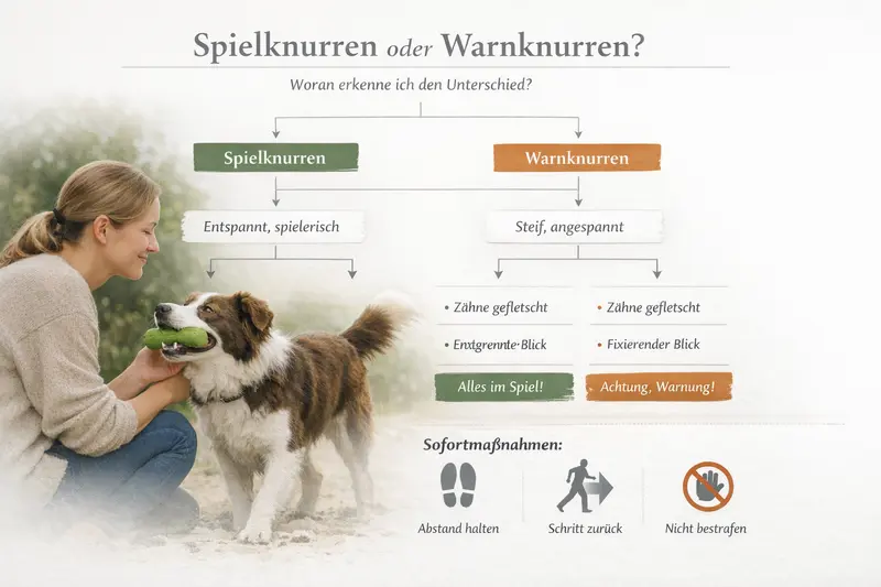 Entscheidungsbaum für Hundehalter zur Unterscheidung zwischen Spielknurren und Warnknurren sowie Sofortmaßnahmen.