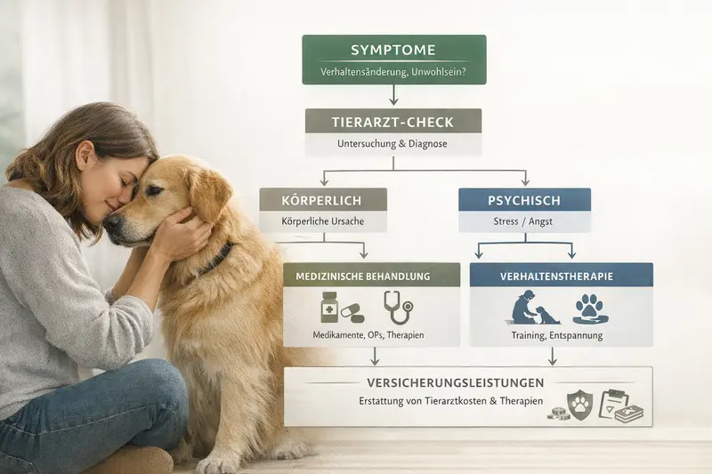 Infografik, die einen Entscheidungsbaum zu Hundesymptomen zeigt, gefolgt von Tierarzt-Checks und Therapiepfaden.