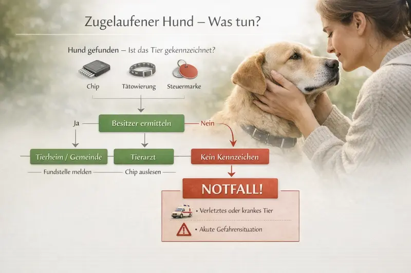 Infografik, die einen Entscheidungsbaum zwischen Tierheim, Tierarzt und Polizei für Hundehalter darstellt.