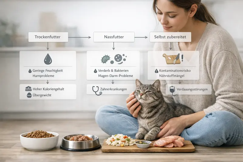 Eine Infografik zeigt den Entscheidungsbaum zwischen Trockenfutter, Nassfutter und selbst zubereitetem Futter für Katzen mit Risikohinweisen.