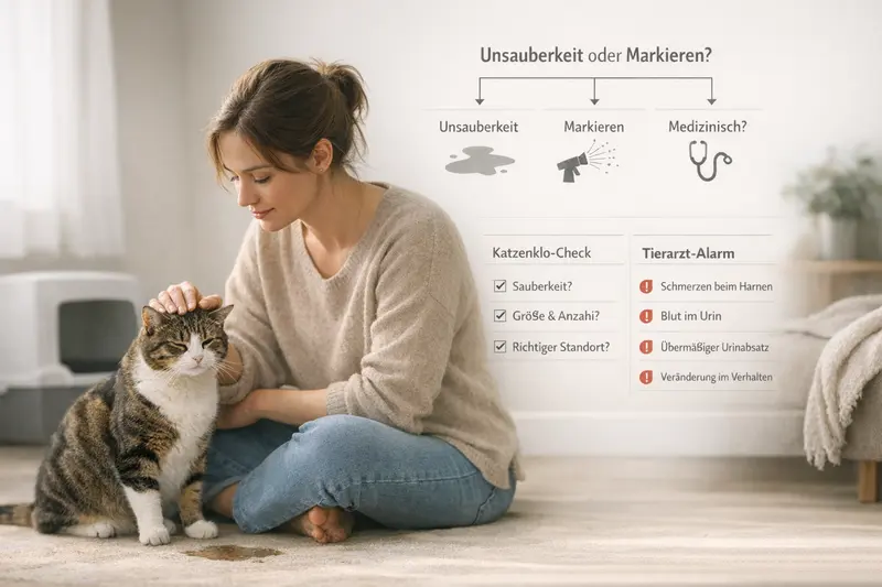 Infografik, die zwischen Unsauberkeit, Markieren und medizinischen Ursachen bei Katzen unterscheidet.