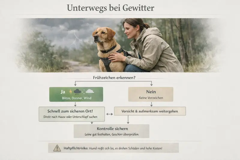 Illustration eines Entscheidungsbaums für Hundebesitzer bei Gewitter mit Frühzeichen, Heimweg und Kontrolle.