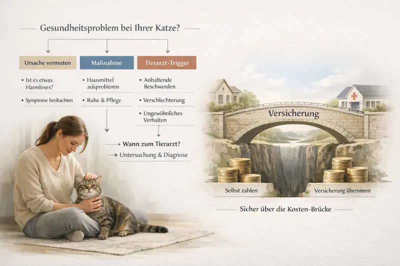Entscheidungsbaum für Katzenhalter zur Ursachenbestimmung und Maßnahmen bei Tiergesundheit.