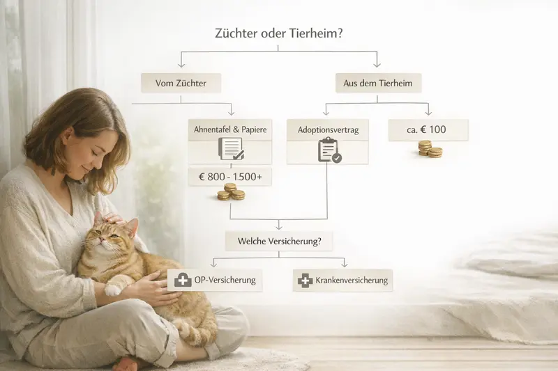 Infografik zeigt einen Entscheidungsbaum zur Auswahl zwischen Katzenzüchter und Tierheim mit Informationen über Unterlagen, Kosten und Versicherungsoptionen.