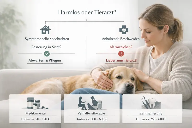 Infografik über Entscheidungsfindung für Hundebesitzer zwischen harmlosen Symptomen und Tierarztbesuch, mit Kostenkacheln für Behandlungsmethoden.