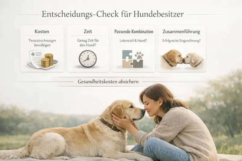 Illustration eines Entscheidungs-Checks für Hundehalter mit vier Blöcken zu Kosten, Zeit, passender Kombination und Zusammenführung.