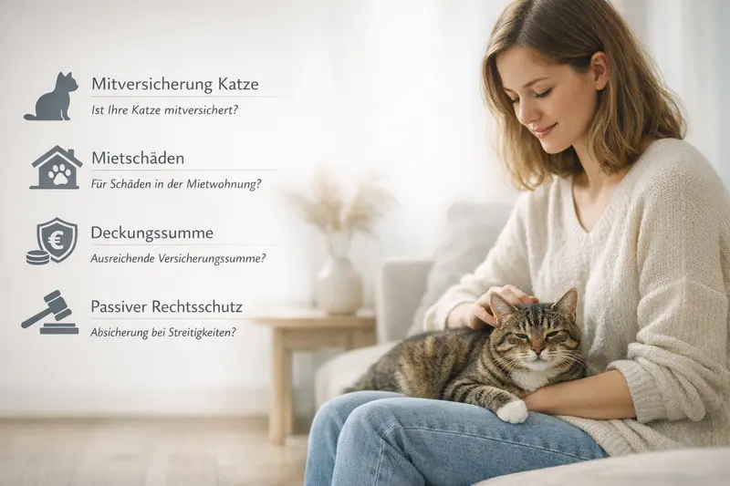 Infografik zur Mitversicherung von Katzen, Mietschäden und passivem Rechtsschutz als Entscheidungshilfe für Katzenhalter.