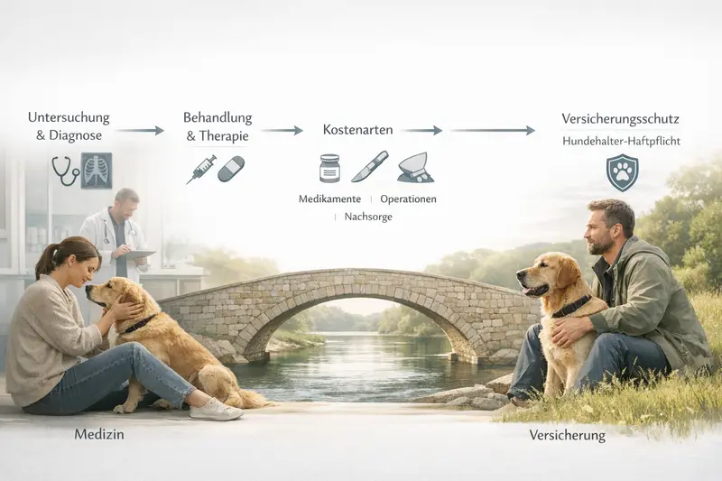 Visualisierung eines Entscheidungsflusses für Hundebesitzer zur Auswahl von Tierarzt und Versicherung.