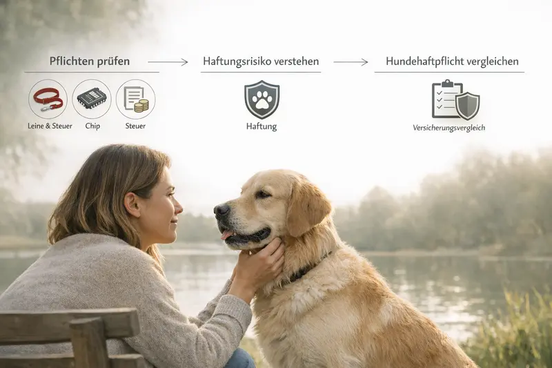 Infografik zeigt den Entscheidungs-Flow zur Hundehaftpflichtversicherung mit Icons für Leine, Chip, Steuer und Haftung.