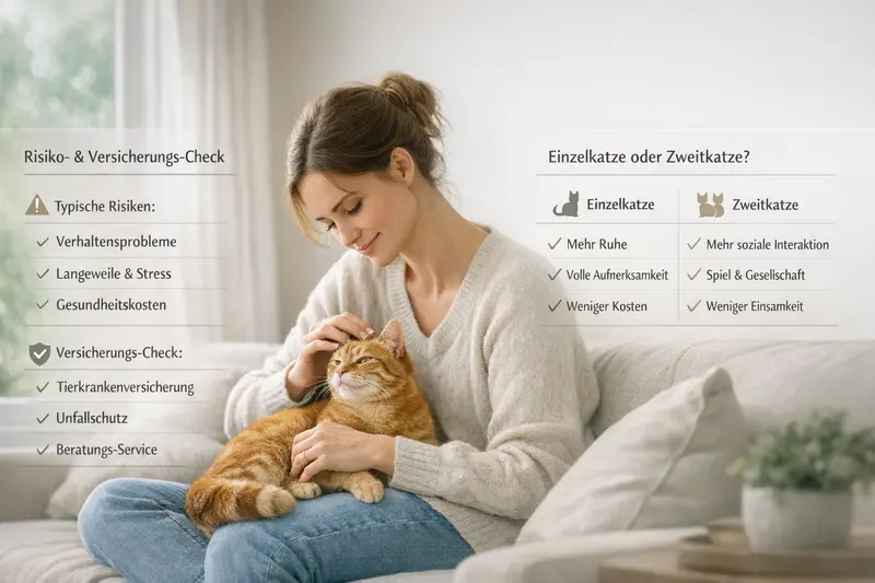 Illustration einer Entscheidungsmatrix für Katzenhalter zur Wahl zwischen Einzel- und Zweitkatze inklusive Risiko-Check.