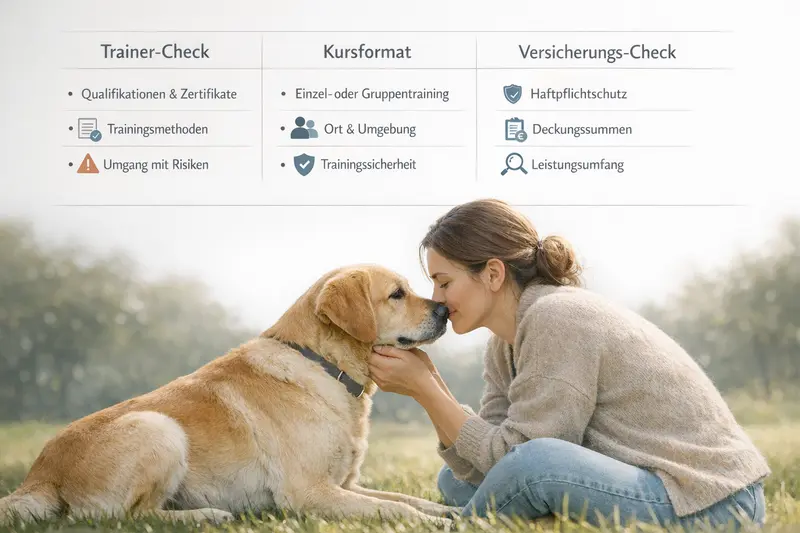 Infografik mit Entscheidungsmatrix für Hundetraining und Versicherungscheck.