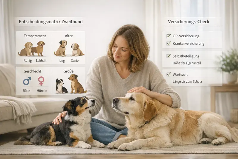 Entscheidungsmatrix für Zweithunde basierend auf Temperament, Alter, Geschlecht und Größe inklusive Versicherungs-Check.