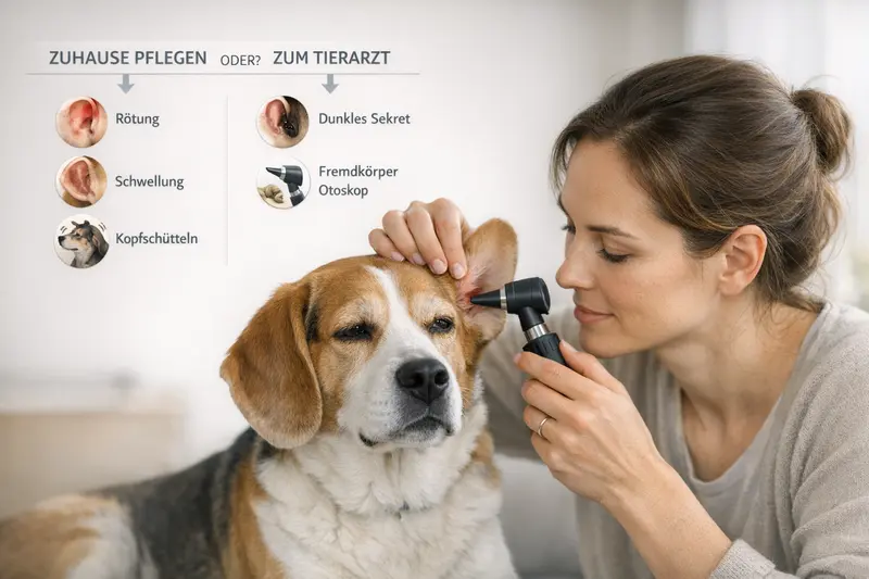 Illustration eines Entscheidungspfades für Hundebesitzer zur Reinigung zuhause oder zum Tierarztbesuch, einschließlich Warnzeichen wie Rötung und Schwellung.
