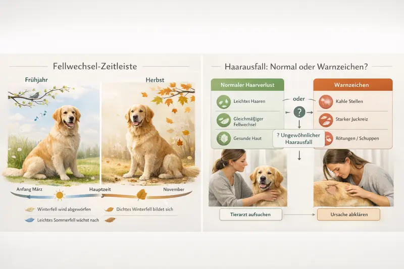 Eine Infografik zu Fellwechsel-Zeitleiste und Entscheidungsbaum für Hundehalter.