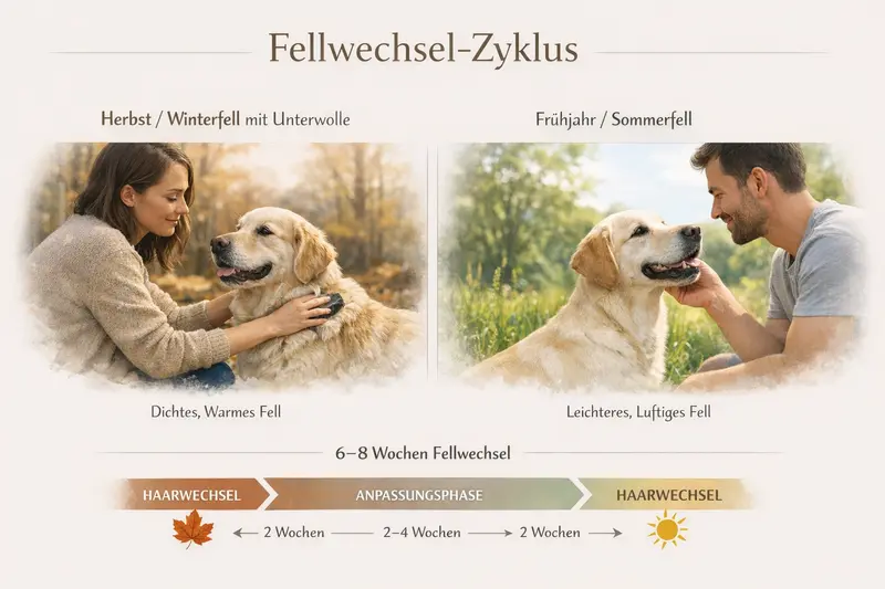 Grafik, die den Fellwechsel-Zyklus von Hunden zeigt, inklusive Herbst/Winterfell mit Unterwolle und Frühjahr/Sommerfell.
