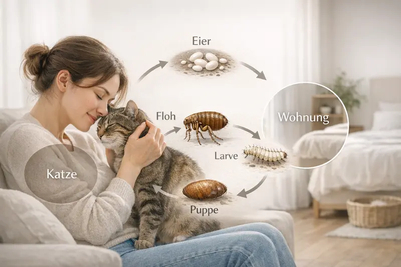 Infografik zum Floh-Lebenszyklus und Tipps zur Bekämpfung von Flöhen bei Katzen in Wohnungen.