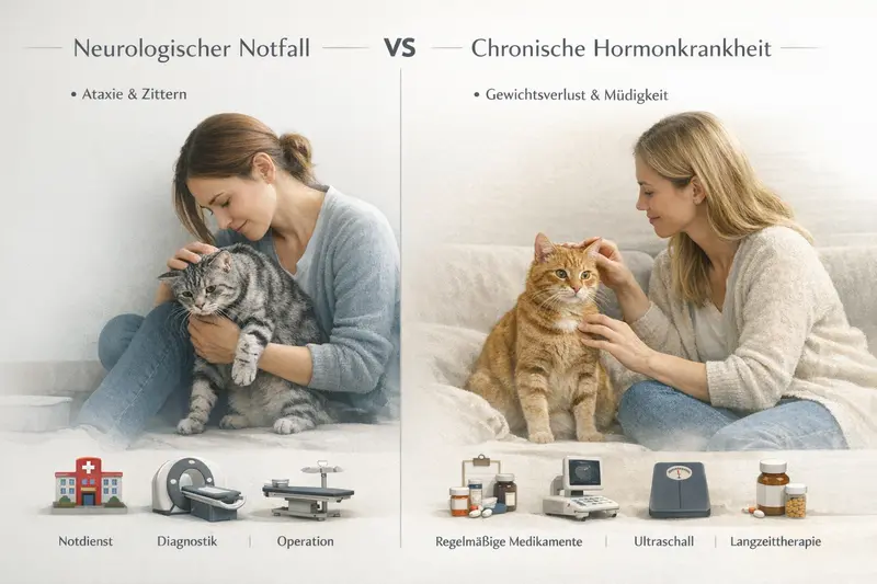 Infografik zur Gegenüberstellung neurologischer Notfälle und chronischer Hormonkrankheiten bei Katzen mit typischen Symptomen wie Ataxie und Gewichtsveränderungen.